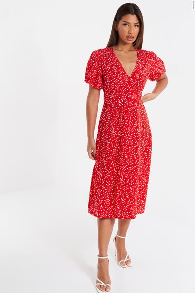 Red Ditsy Floral Midi Dress